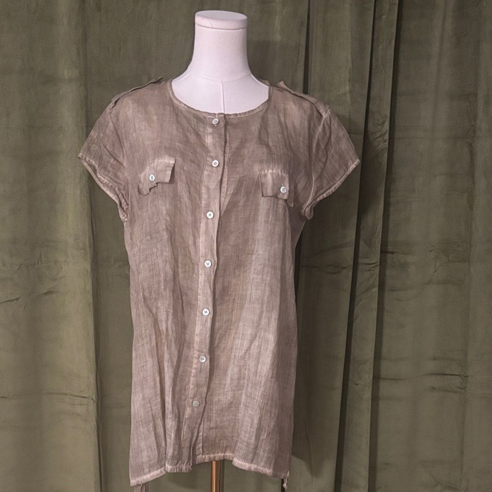 Kosmika Elegant Button-Down 100% ramie  Shirt - Tan, M